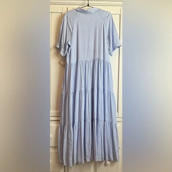 A Loves A Pinstripe Print B Tiered Waistless Midi Shirt Dress Size Medium - Picture 7 of 11